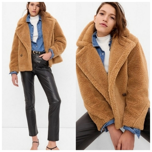 GAP Brown Teddy Coat Faux Shearling Cozy Oversized Jacket Large Neutral Soft Grl - Picture 2 of 9